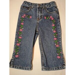 LEI Girls 4T Denim Bell Blue Jean CAPRIS VINTAGE Y2K 90s Embroidered Flower
